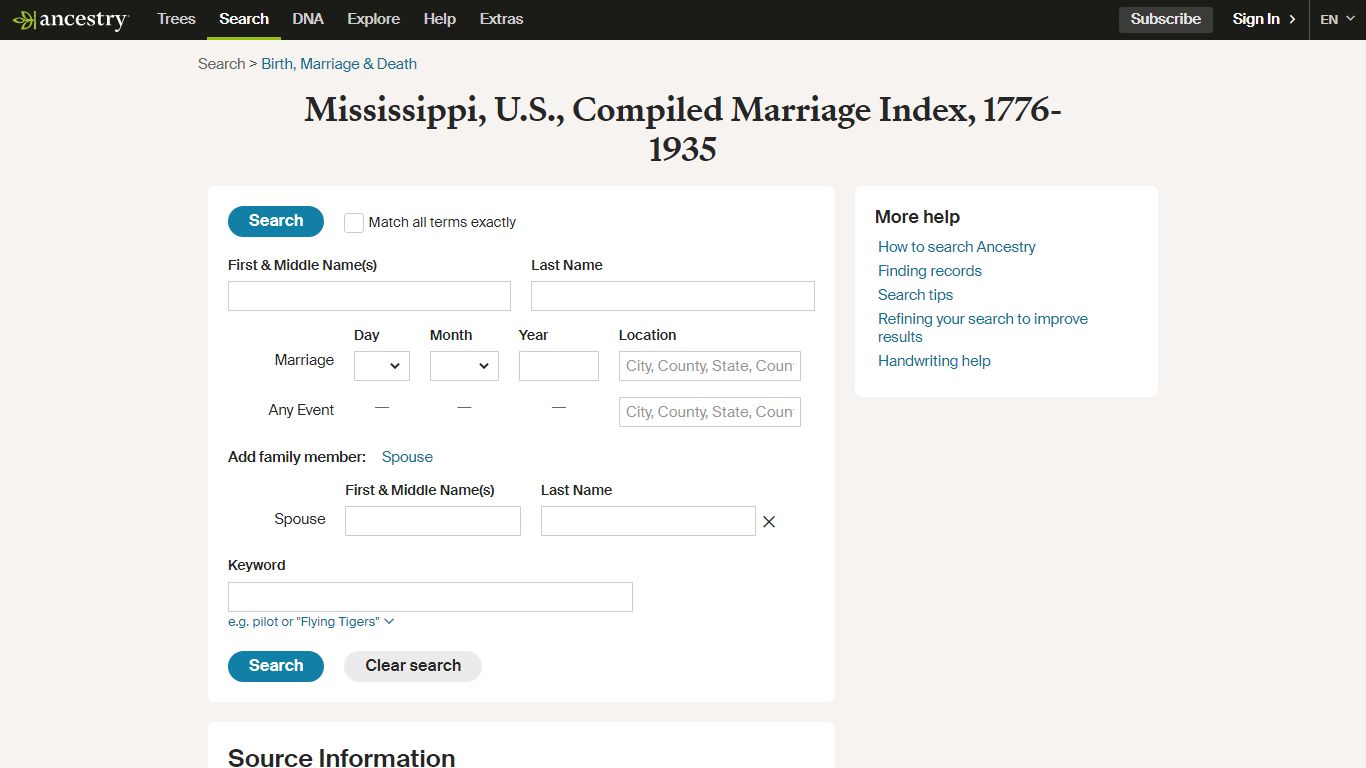 Mississippi, U.S., Compiled Marriage Index, 1776-1935